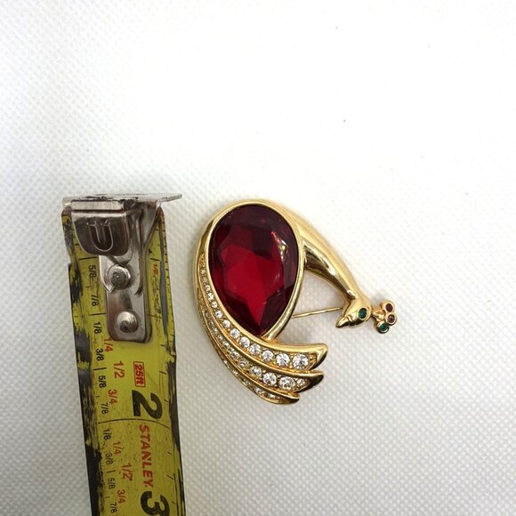 Swarovski Retired Peacock Brooch Vintage Gold Tone Red Crystal Swan Signed Rare - Picture 10 of 10
